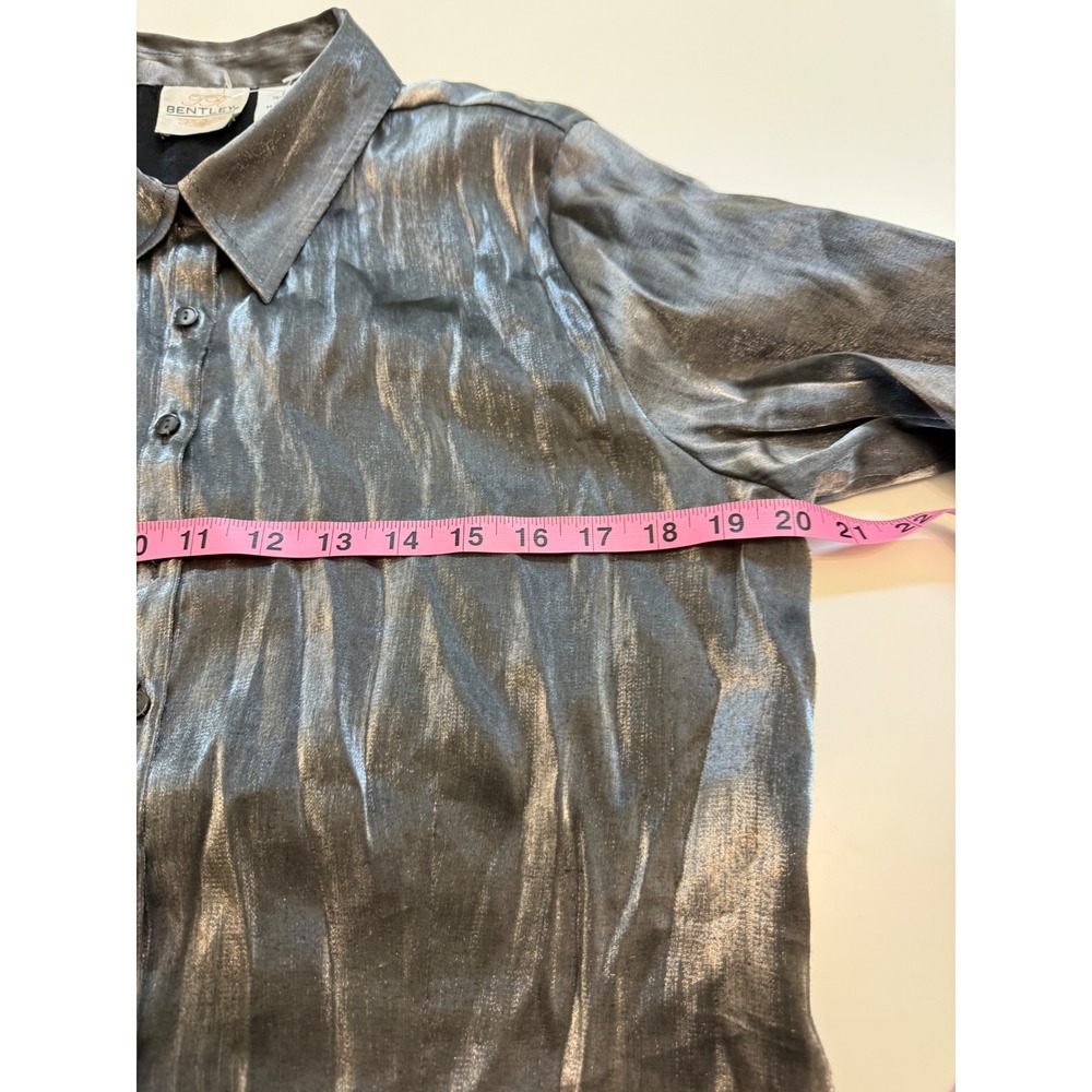 Bentley Metallic Silver Button Up Blouse Y2K Futuristic Disco Shirt L - Picture 5 of 7